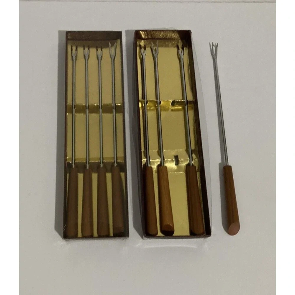 NOS Fondue Forks Teak Wood Handles Stainless Steel 2 Sets Vintage‎ MCM